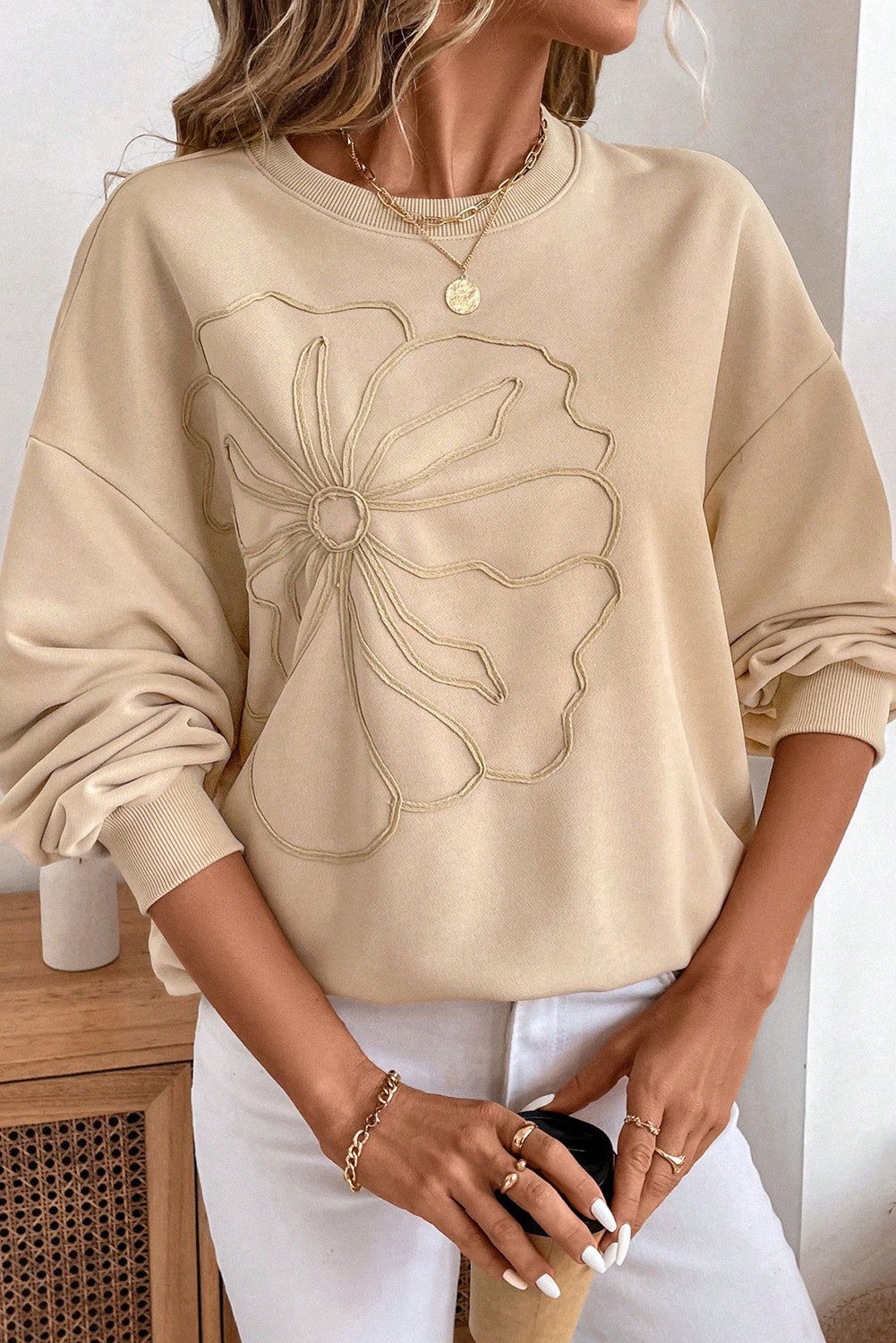 Parchment Embroidered Flower Pattern Drop Shoulder Sweatshirt