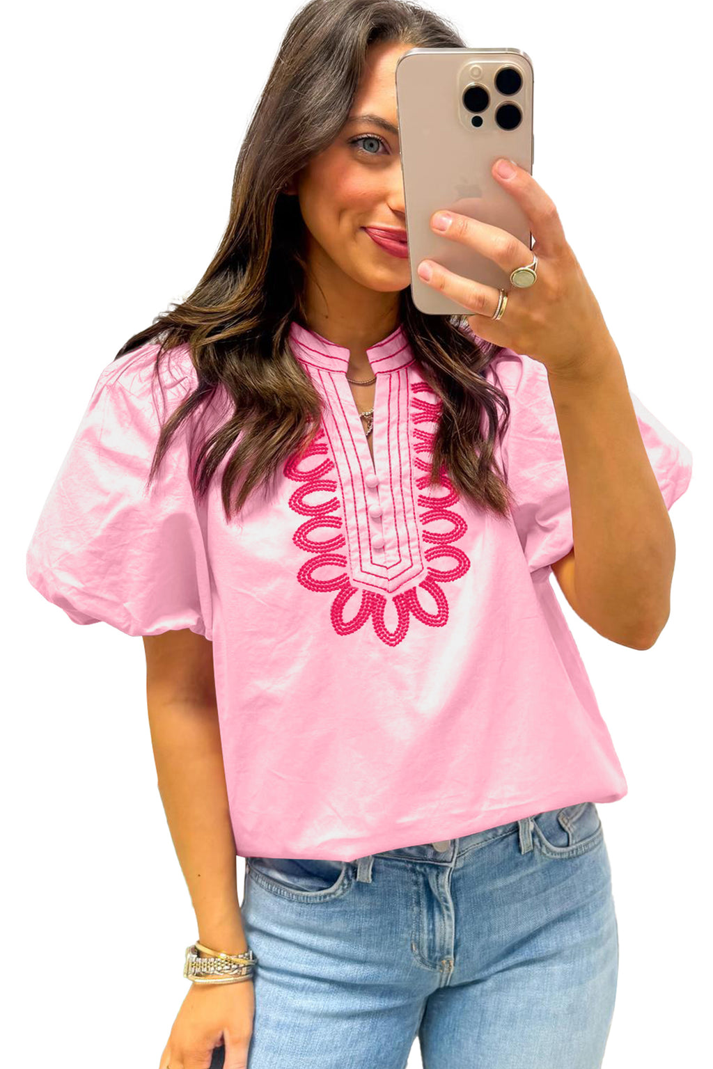 Pink Boho Embroidered Detail Puff Sleeve Cotton Blouse