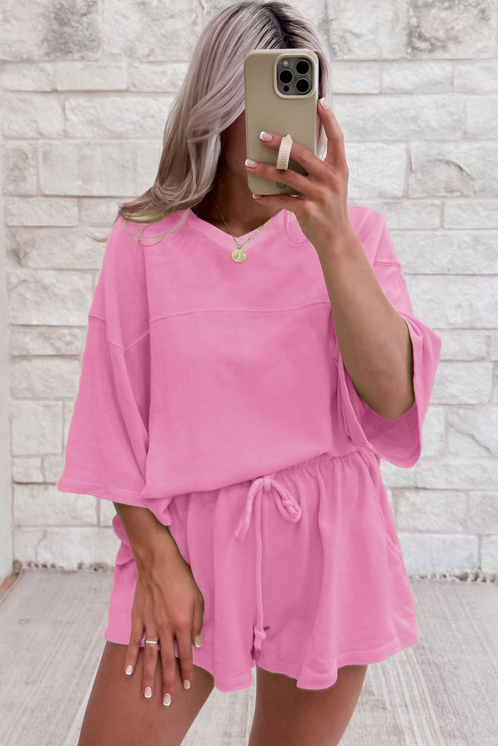 Sea Green Solid Loose V Neck Half Sleeve Tee and Shorts