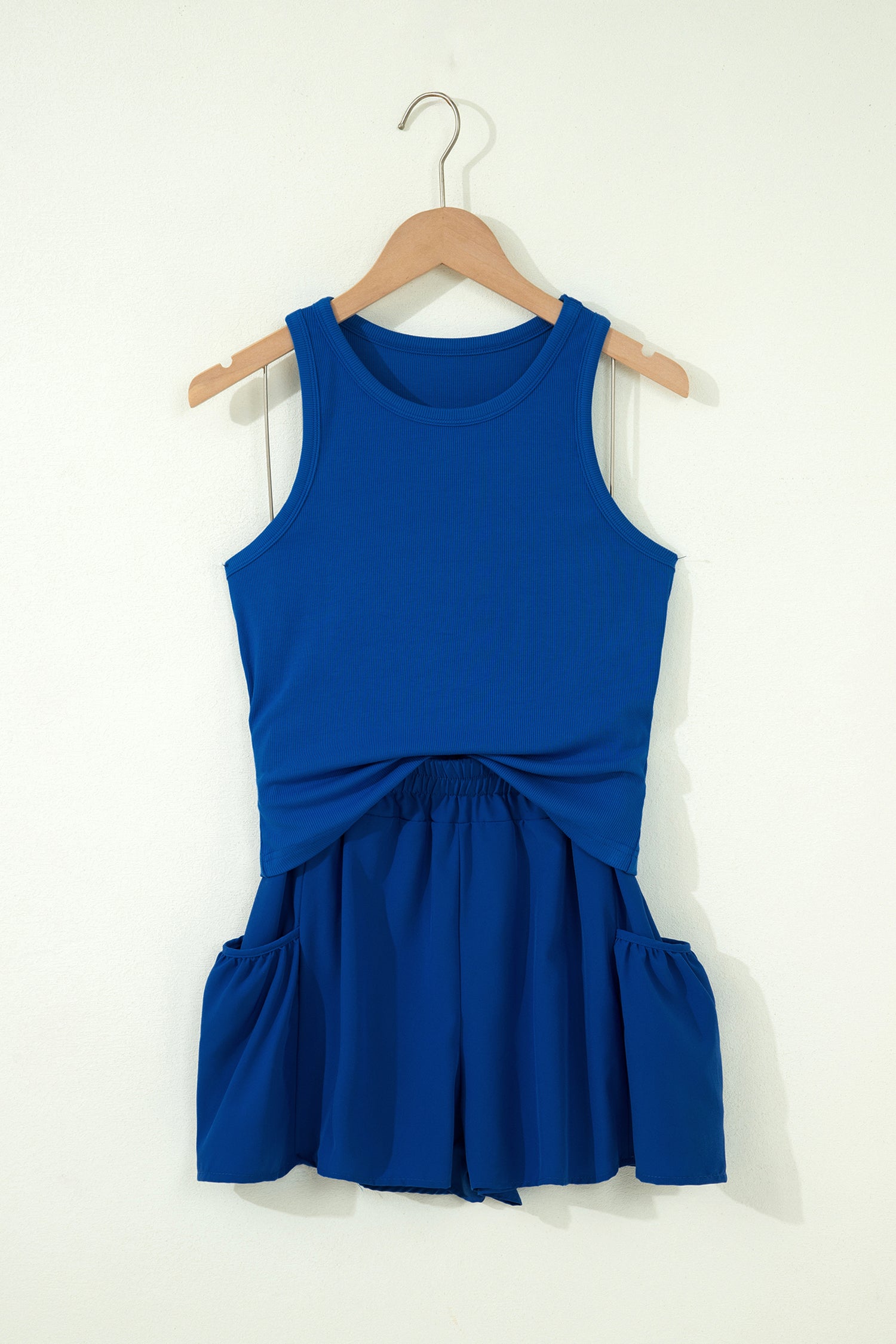 Mist Blue Ribbed Slim Tank Pocketed Wide Leg Shorts Set