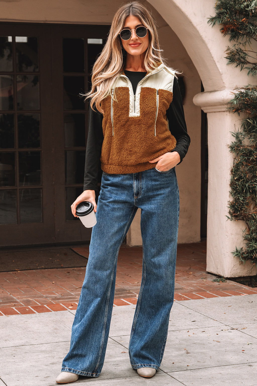 Chestnut Color Block Plush Patchwork Zipper Stand Neck Vest