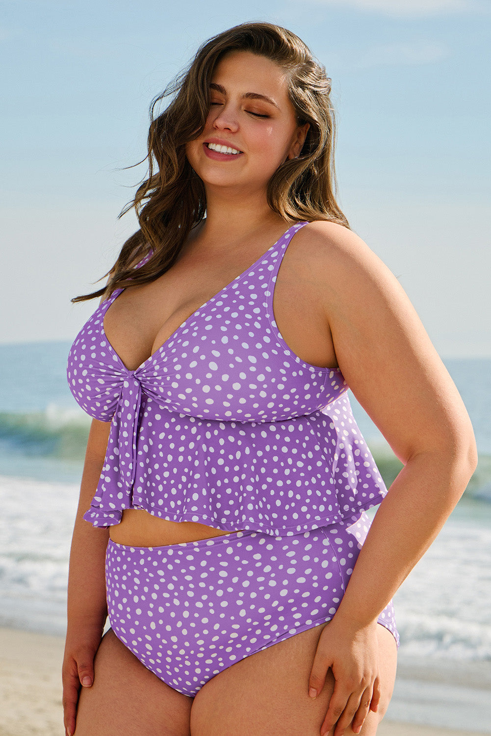 Purple Plus Size Polka Dot Print Ruffled Knotted V Neck Tankini Set