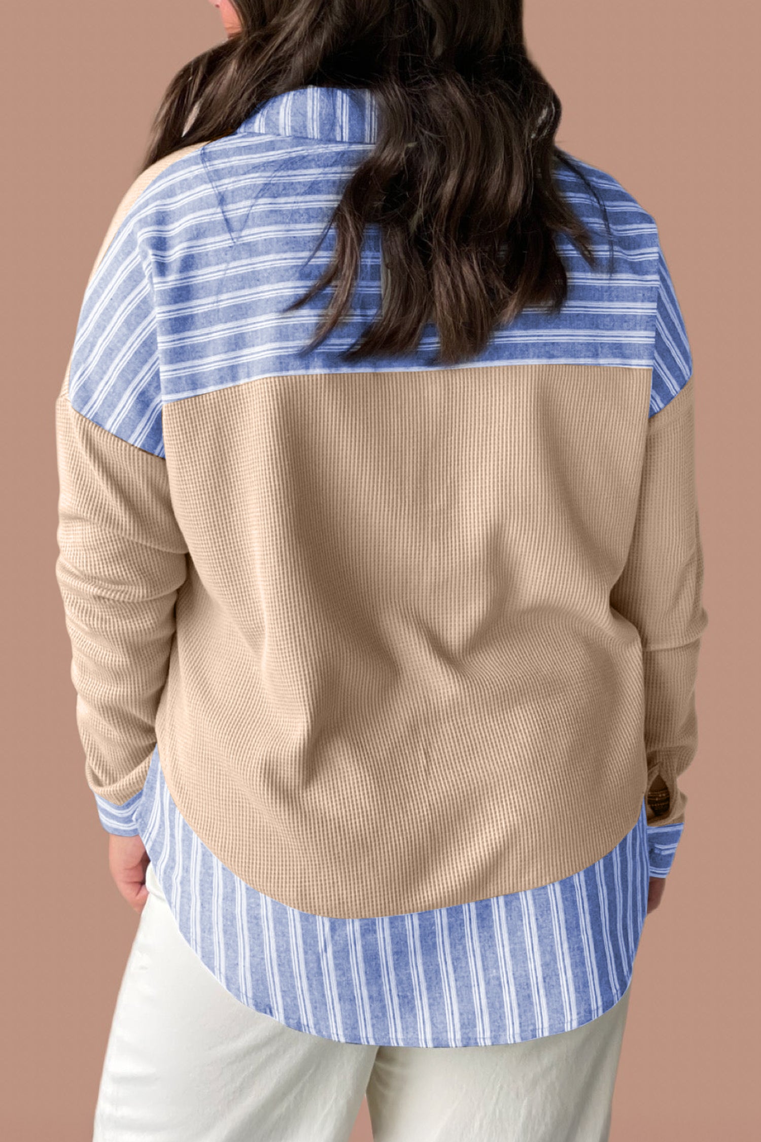 Parchment Plus Size Striped Contrast Trim Waffle Knit Collared Top