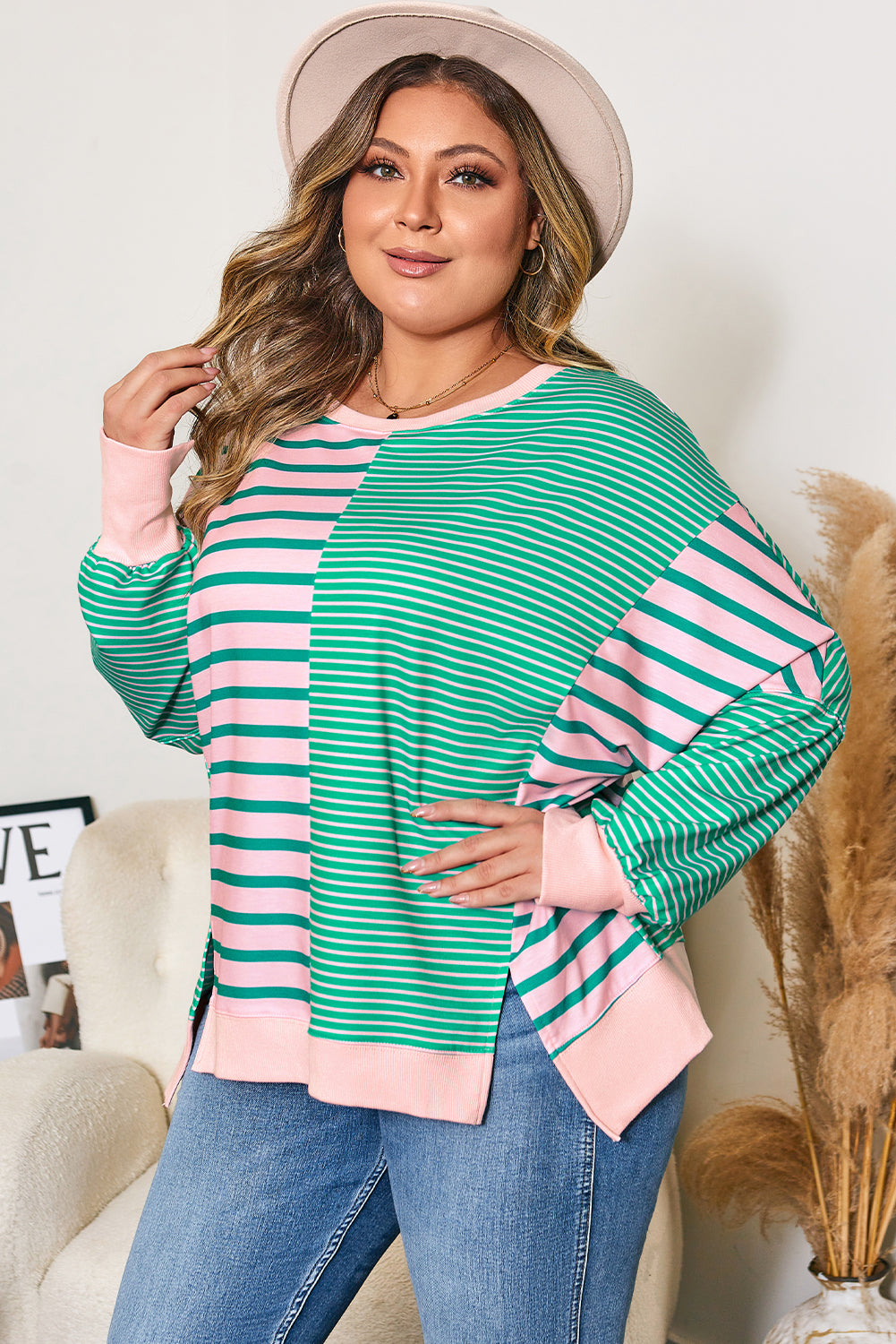 Green Stripe Color Block Exposed Seam Side Slit Plus Size Sweatshirt