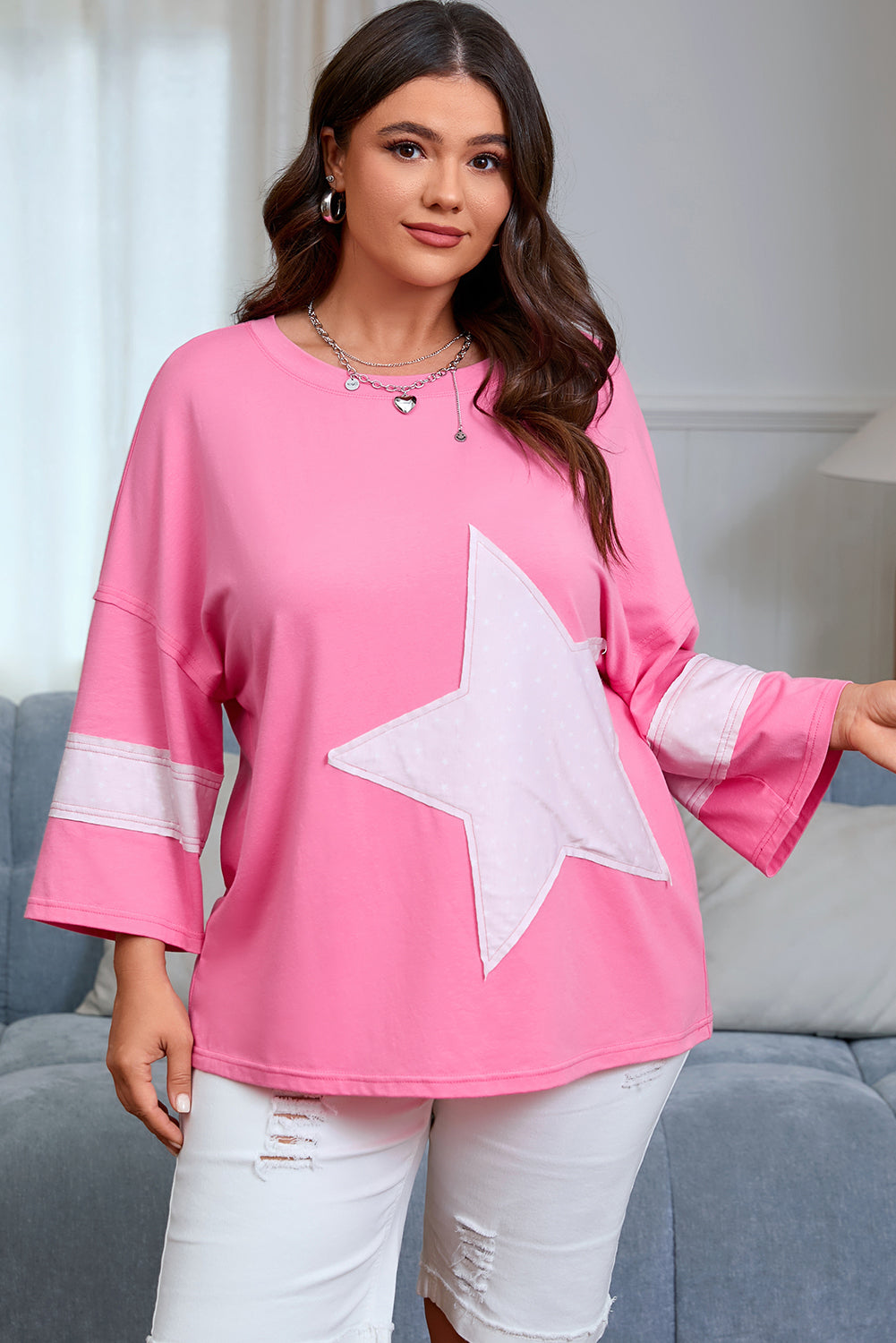 Pink Star Patched Colorblock Raw Edge Bracelet Sleeve Plus Size Loose Tee