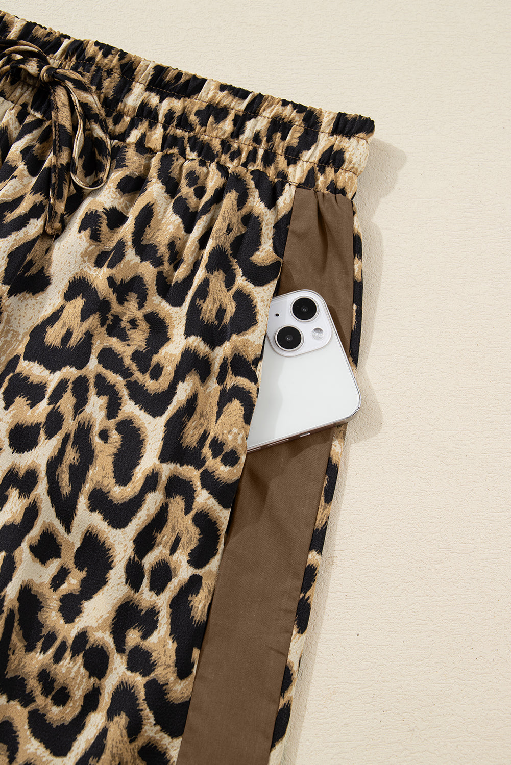 Brown Leopard Collared 3/4 Sleeve Shirt and Loose Pants Two Piece Outfit Set