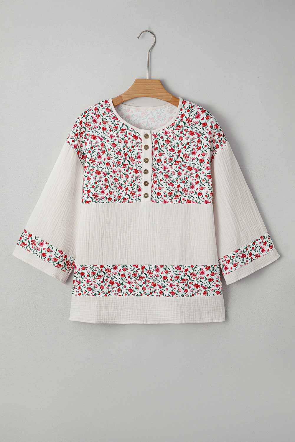 Sky Blue Floral Print Gauze Patchwork Henley Button 3/4 Sleeve Blouse