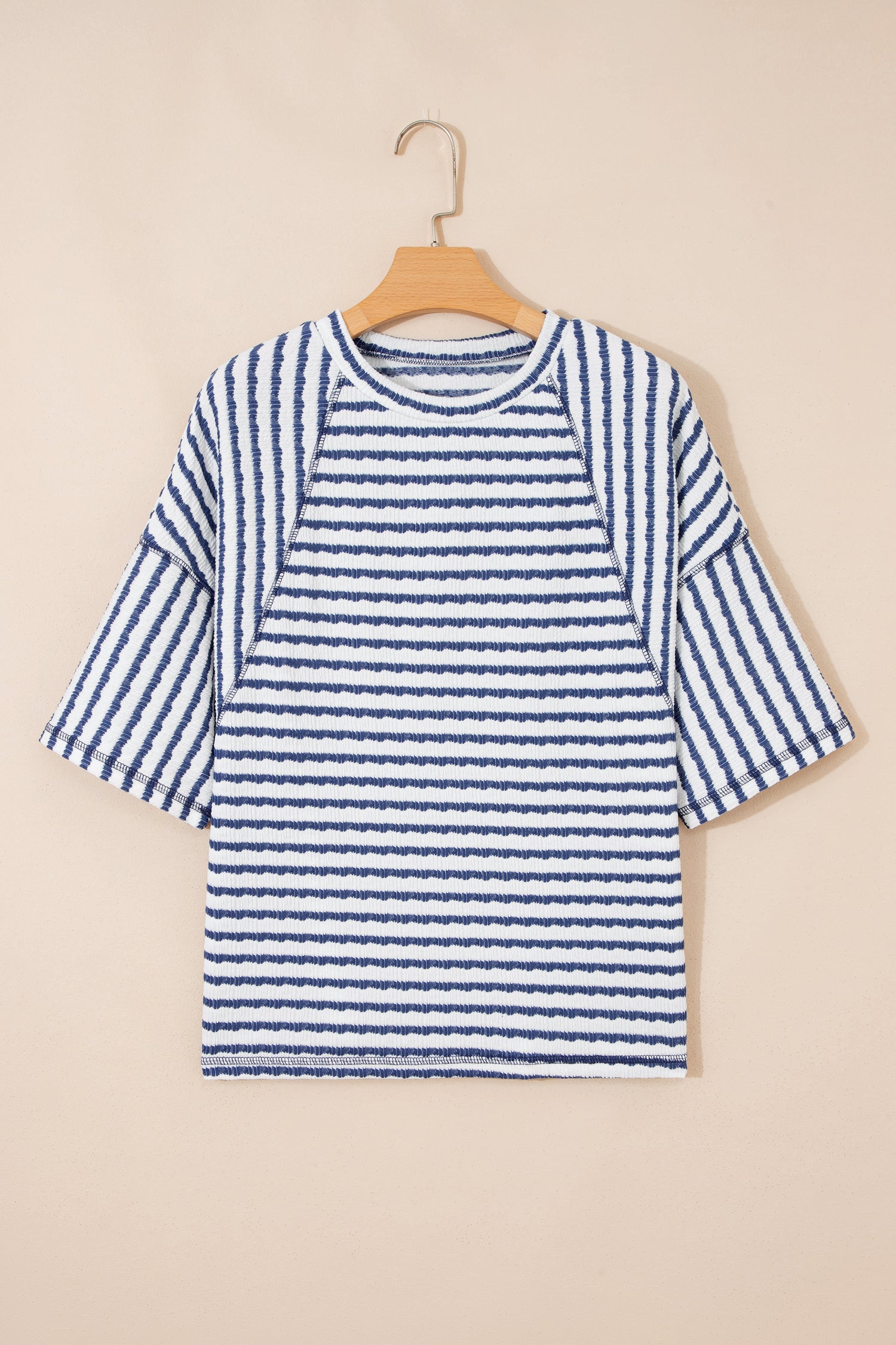 Sky Blue Stripe Textured Knit Split Hem Half Sleeve Loose Top