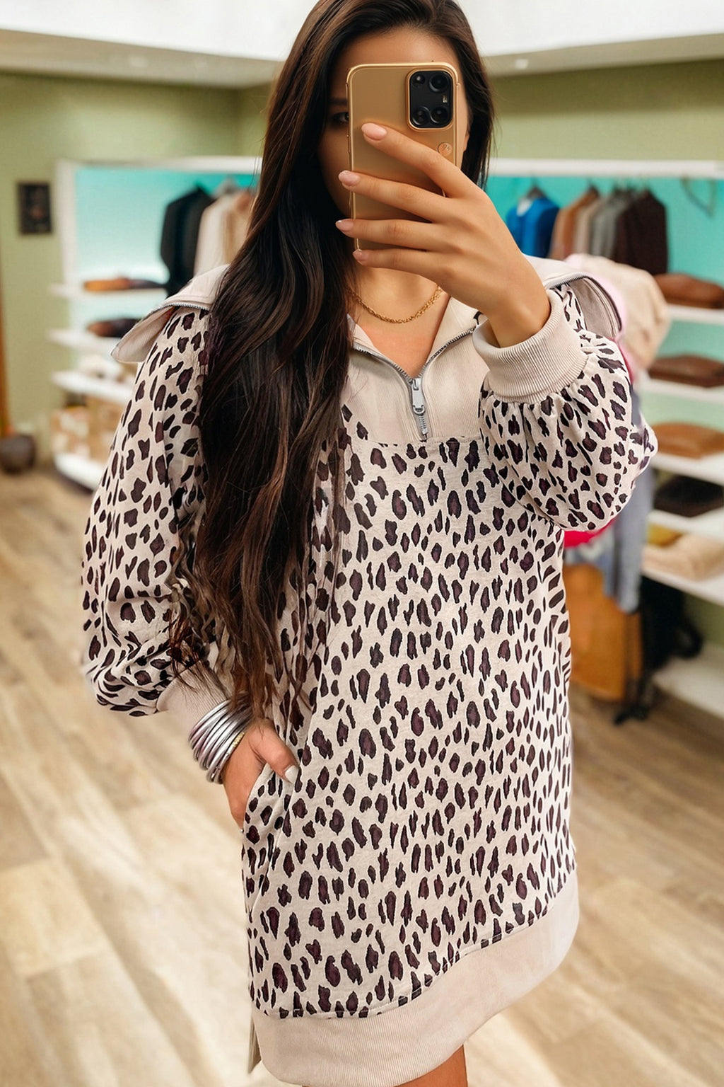 Khaki Leopard Print Zip up Collar Patchwork Shift Mini Dress