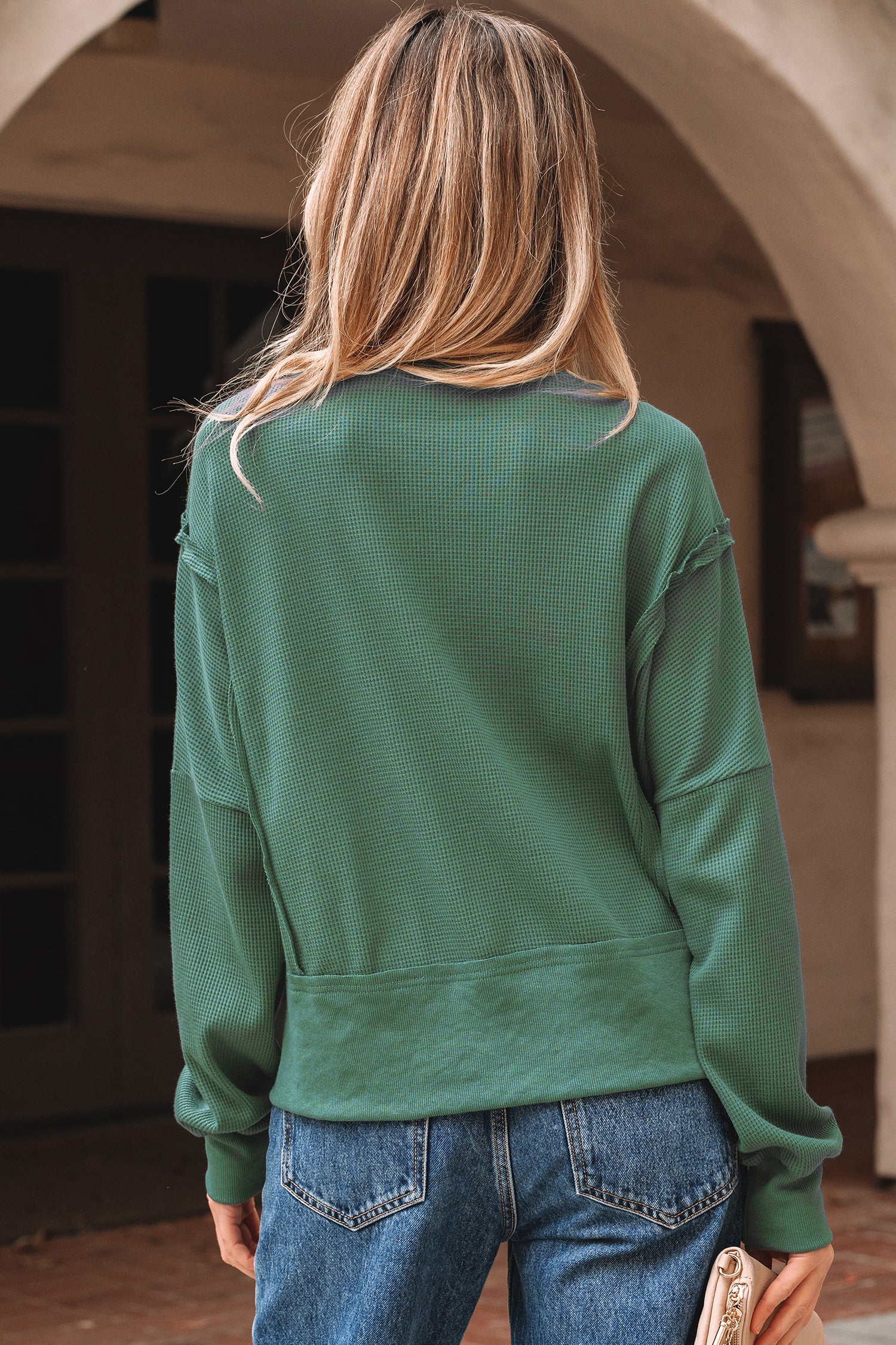 Orchid Mist Solid Color Raw Seam Patchwork Ribbed Drop Shoulder Sweatshirt
