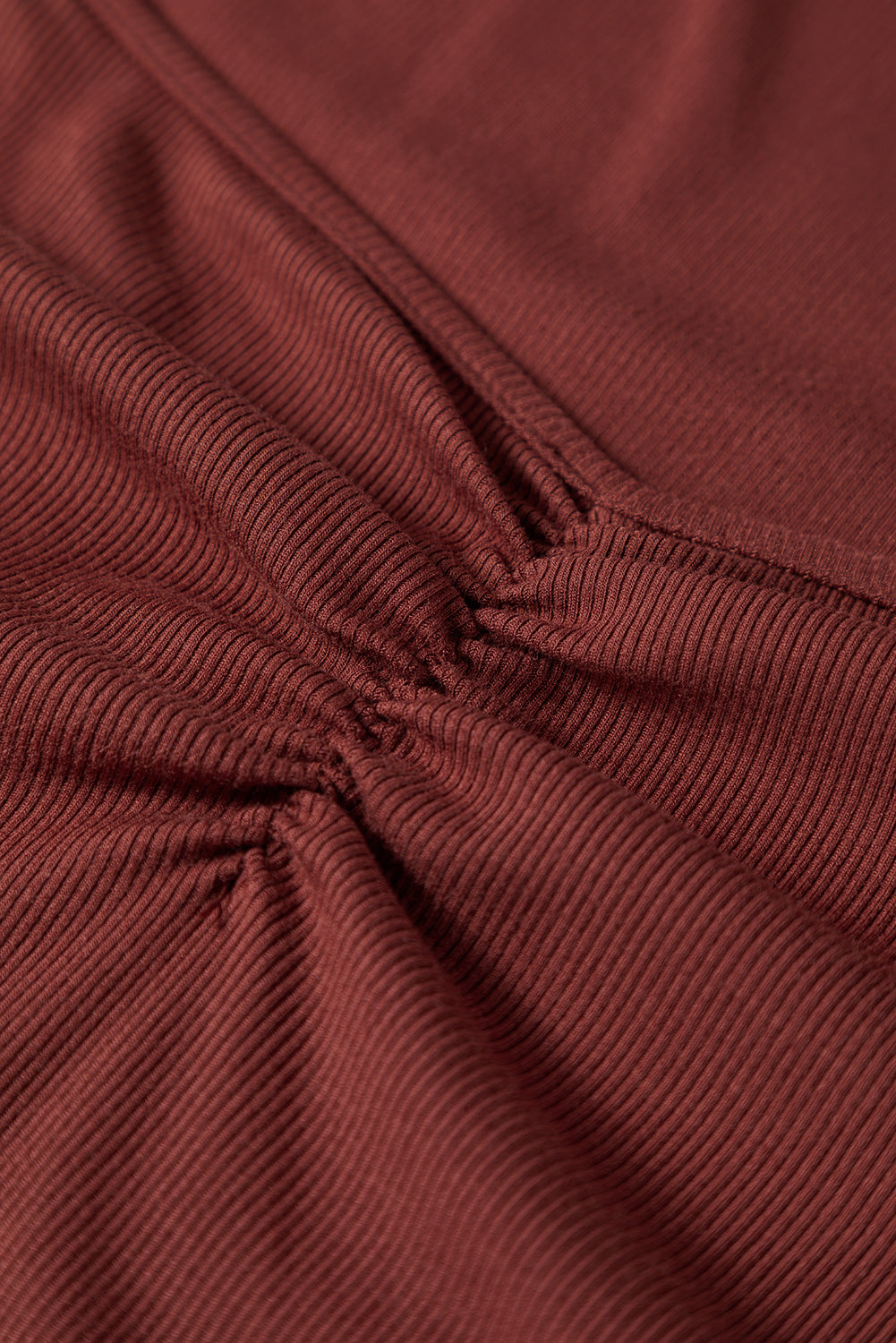 Burgundy Gathered Bust Square Neck Ribbed Fit Long Sleeve Top
