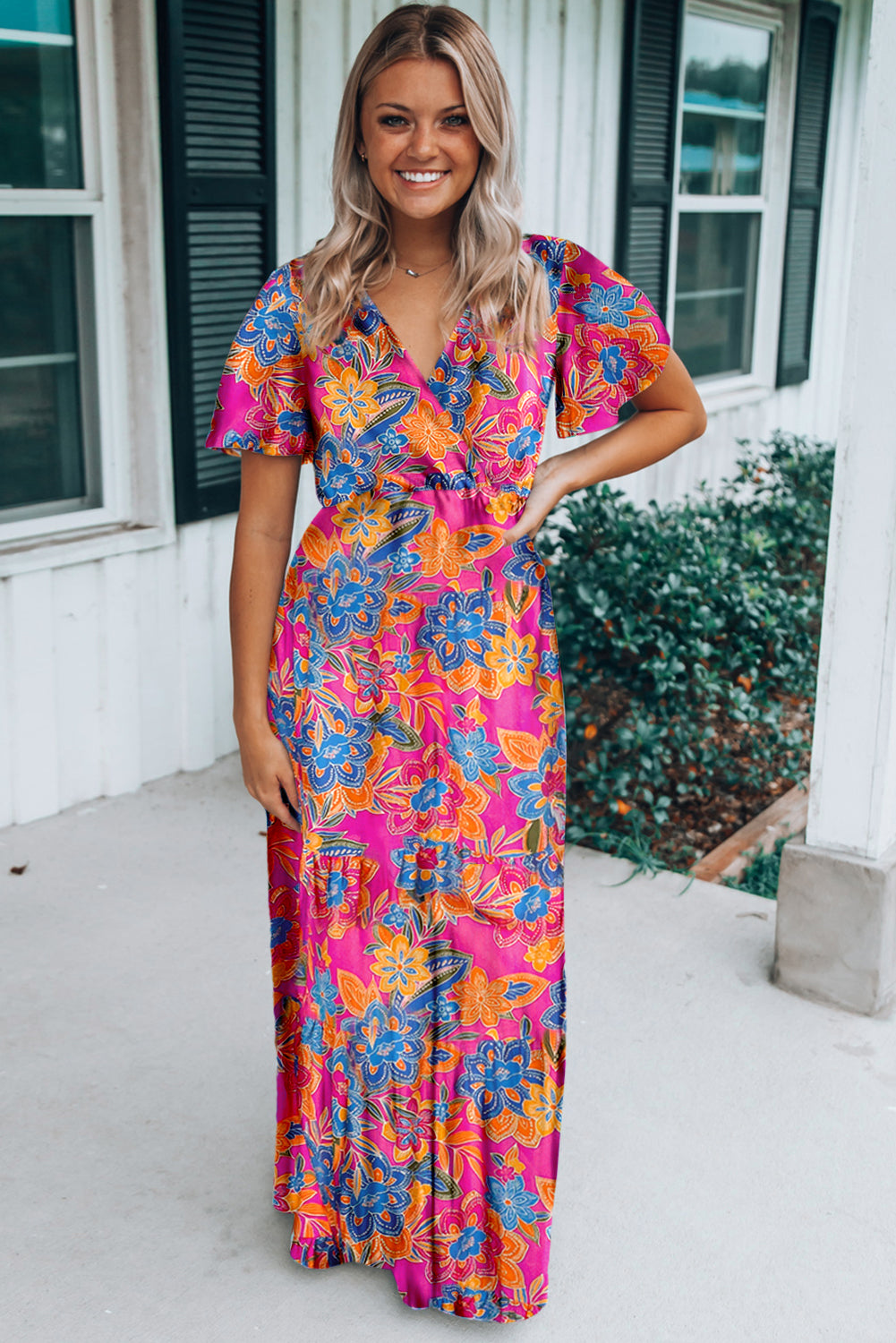 Green Wrap V Neck Floral Maxi Dress