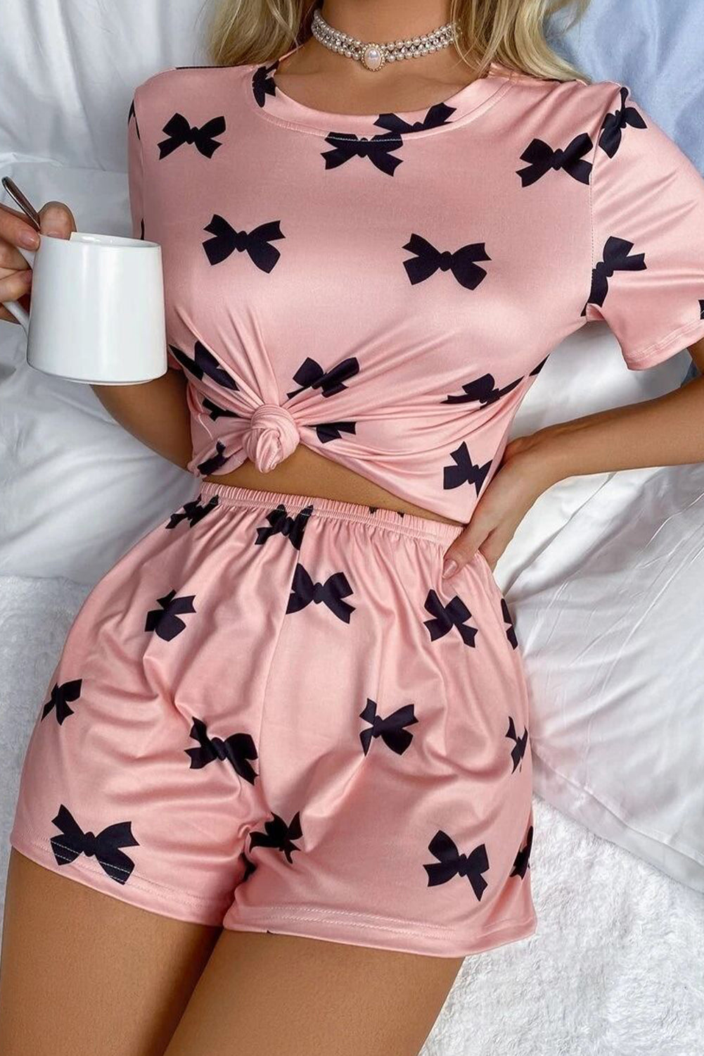 Pink Bow Printed Short 2pcs Lounge Set