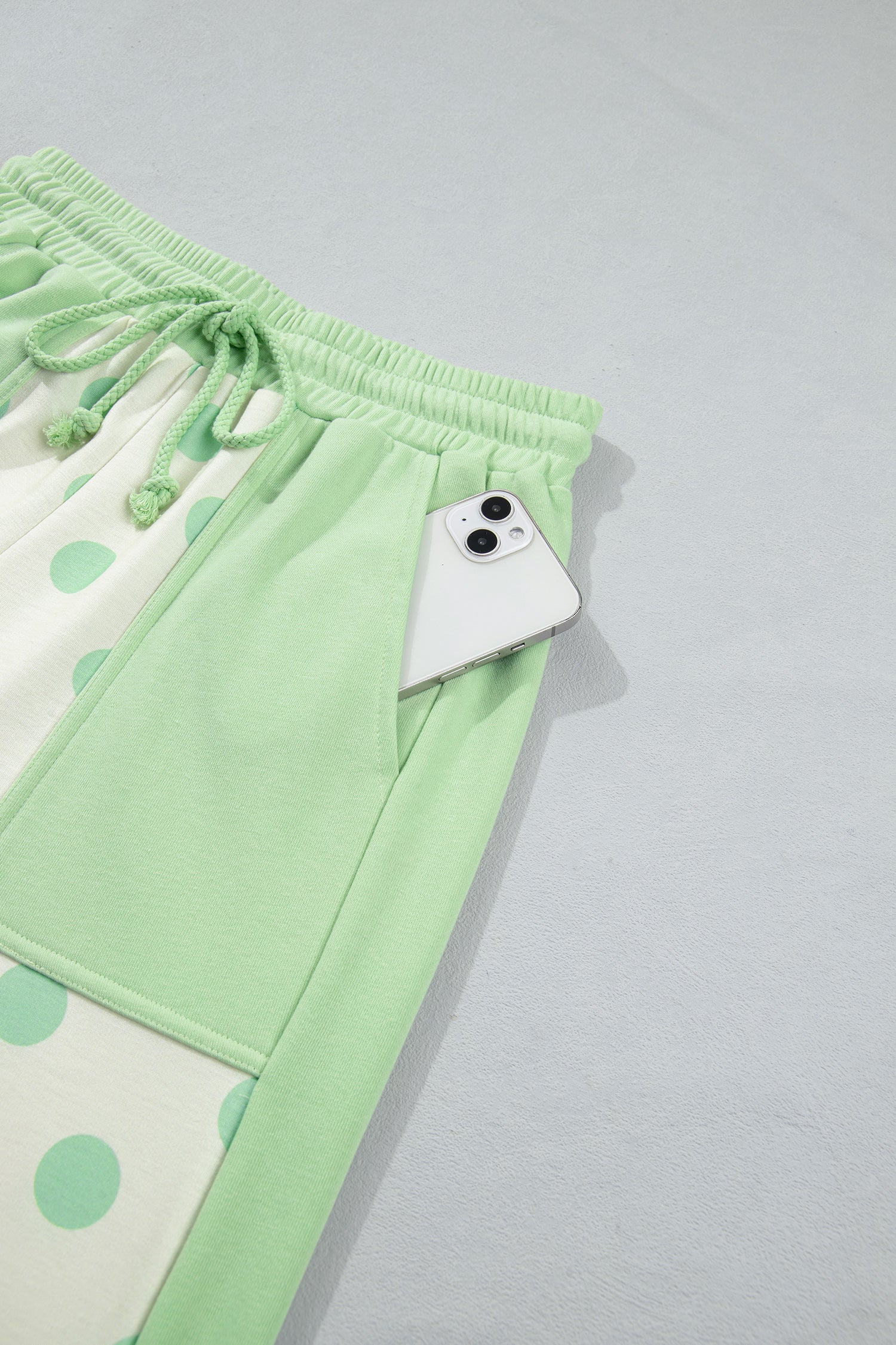 Green Color Block Patchwork Polka Dot Wide Leg Pant Set