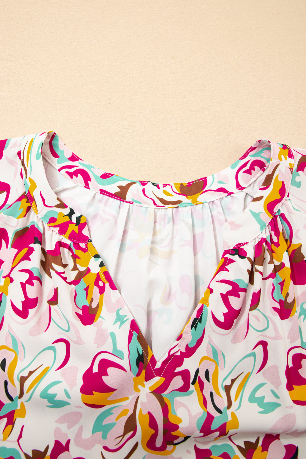 White Abstract Print V Neck Short Sleeve Ruffled Plus Size Mini Dress
