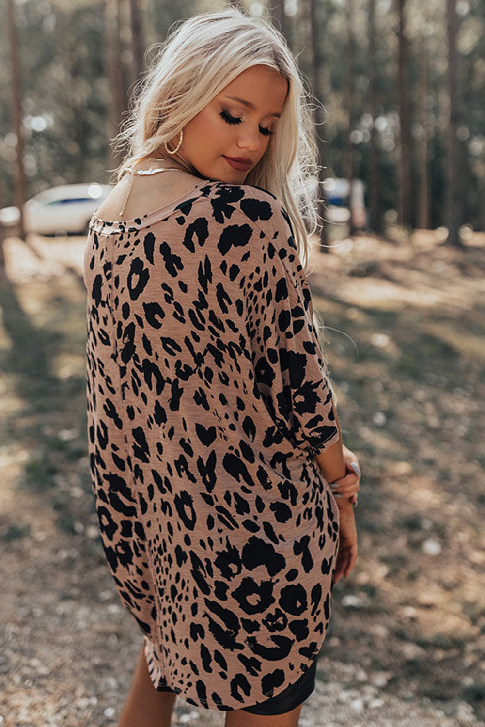 Brown Leopard Print V Neck Half Sleeve Oversized Tee