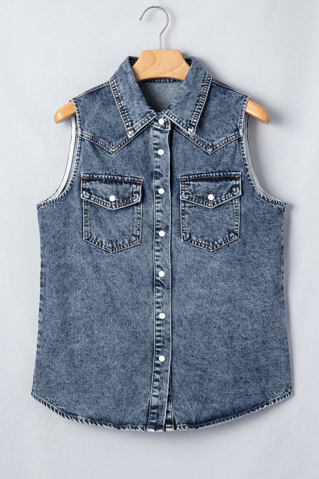 Ashleigh Blue Solid Denim Button Front Pocket Sleeveless Cowboy Vest