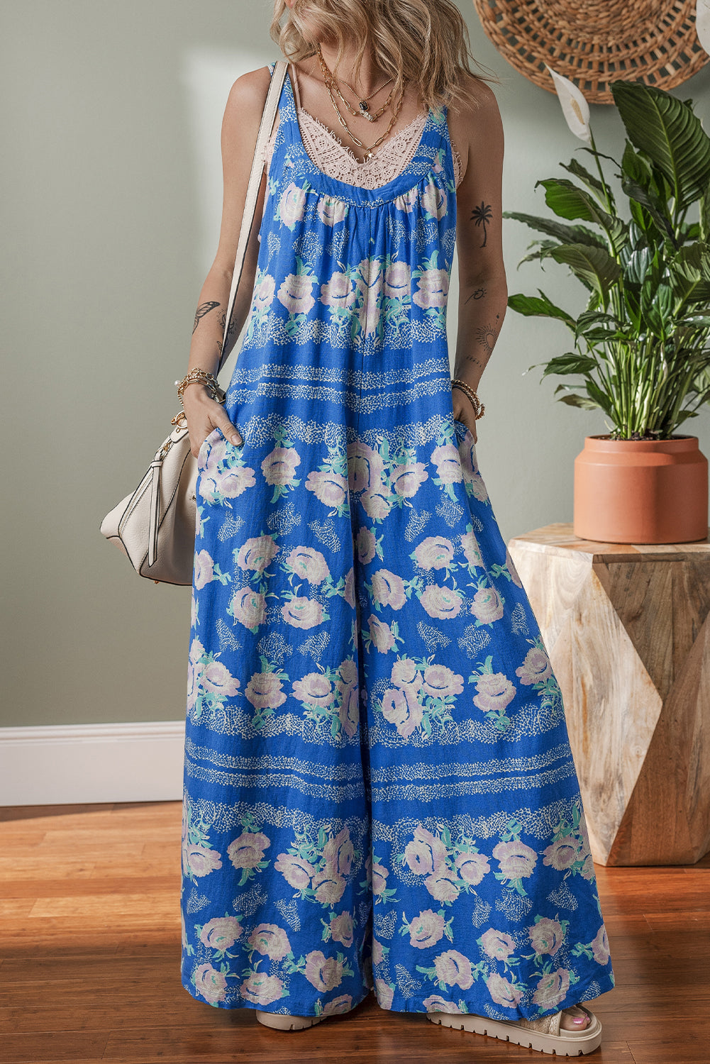 Blue Floral Print Wide Leg Sleeveless Jumpsuit