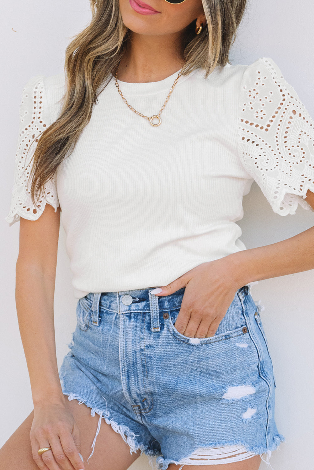 White Eyelet Pattern Short Sleeve Patchwork Ribbed Top