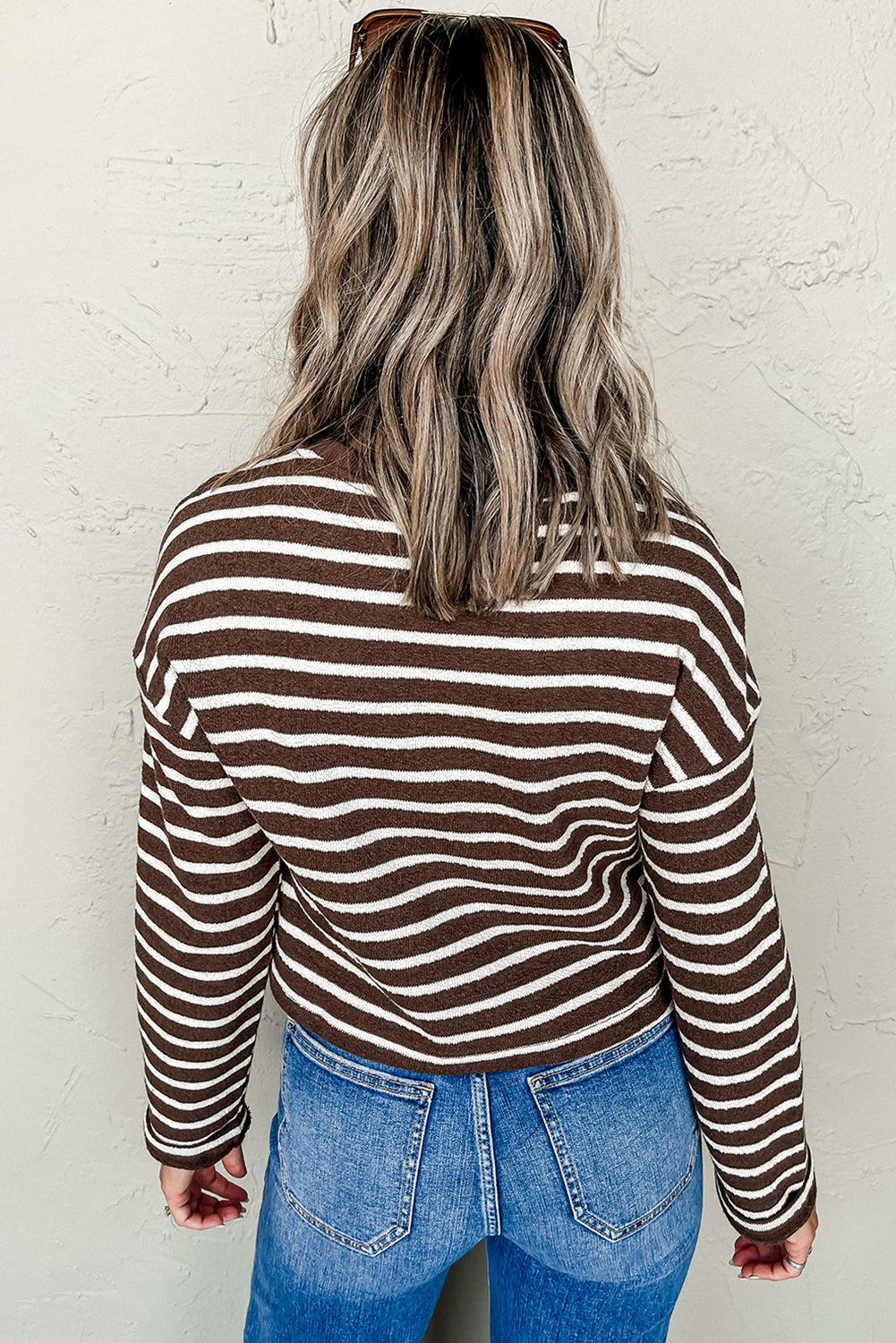 Brown Stripe Ribbed Cropped Crew Neck Long Sleeve T Shirt