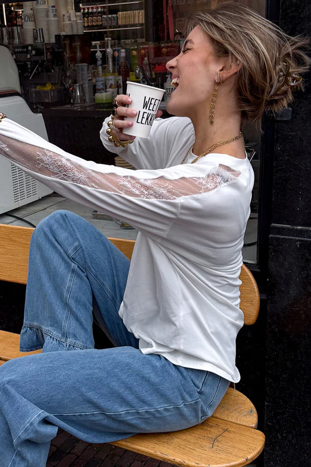 White Lace Patchwork Round Neck Casual Long Sleeve Top