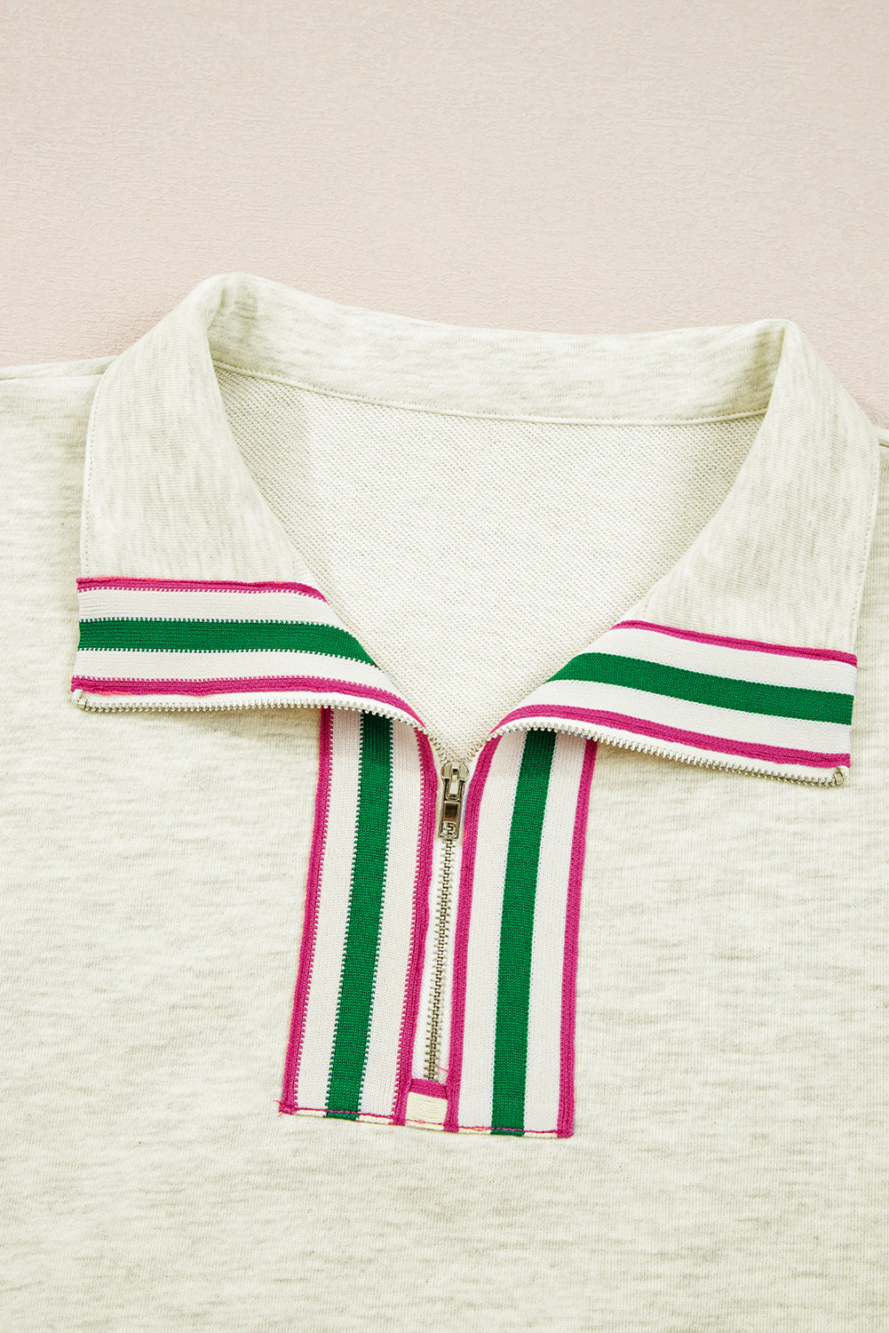 Sachet Pink Contrast Striped Patchwork Zip Collar Pullover Sweatshirt
