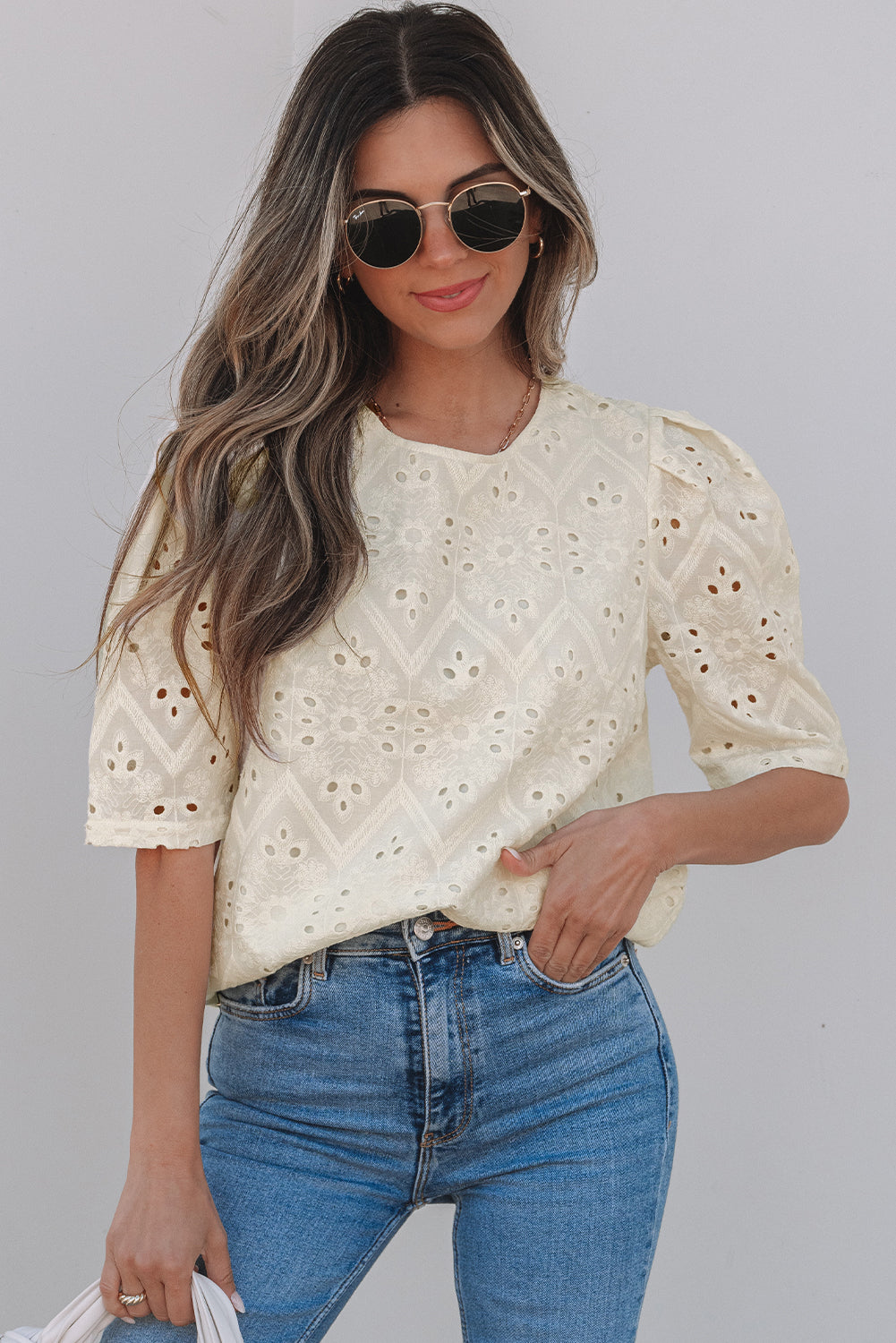 Beige Eyelet Embroidered Half Sleeve Casual Blouse