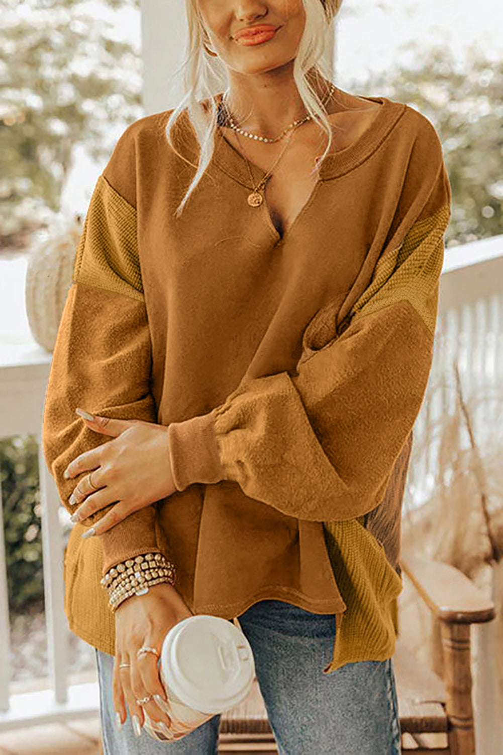 Multicolor Oversized Mixed Textured Split Neck High Low Patchwork Sweatshirt