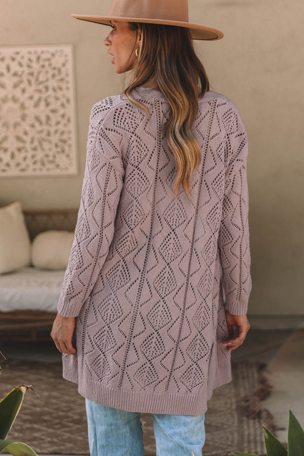 Gray Hollow-out Openwork Knit Cardigan