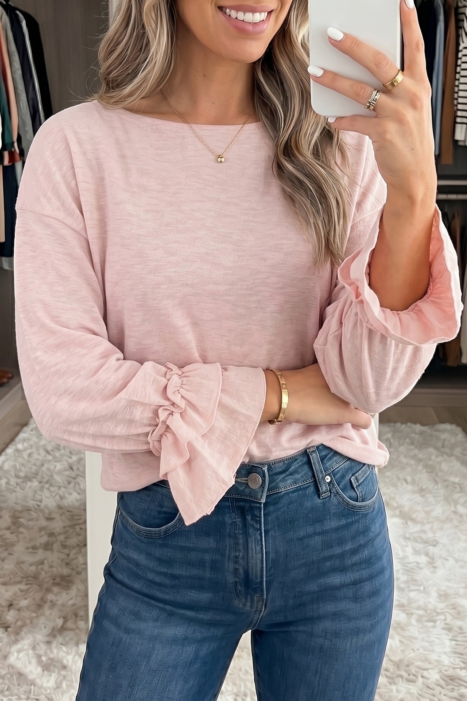 Gossamer Pink Long Sleeve Ruffle Cuff Casual Elegant Top