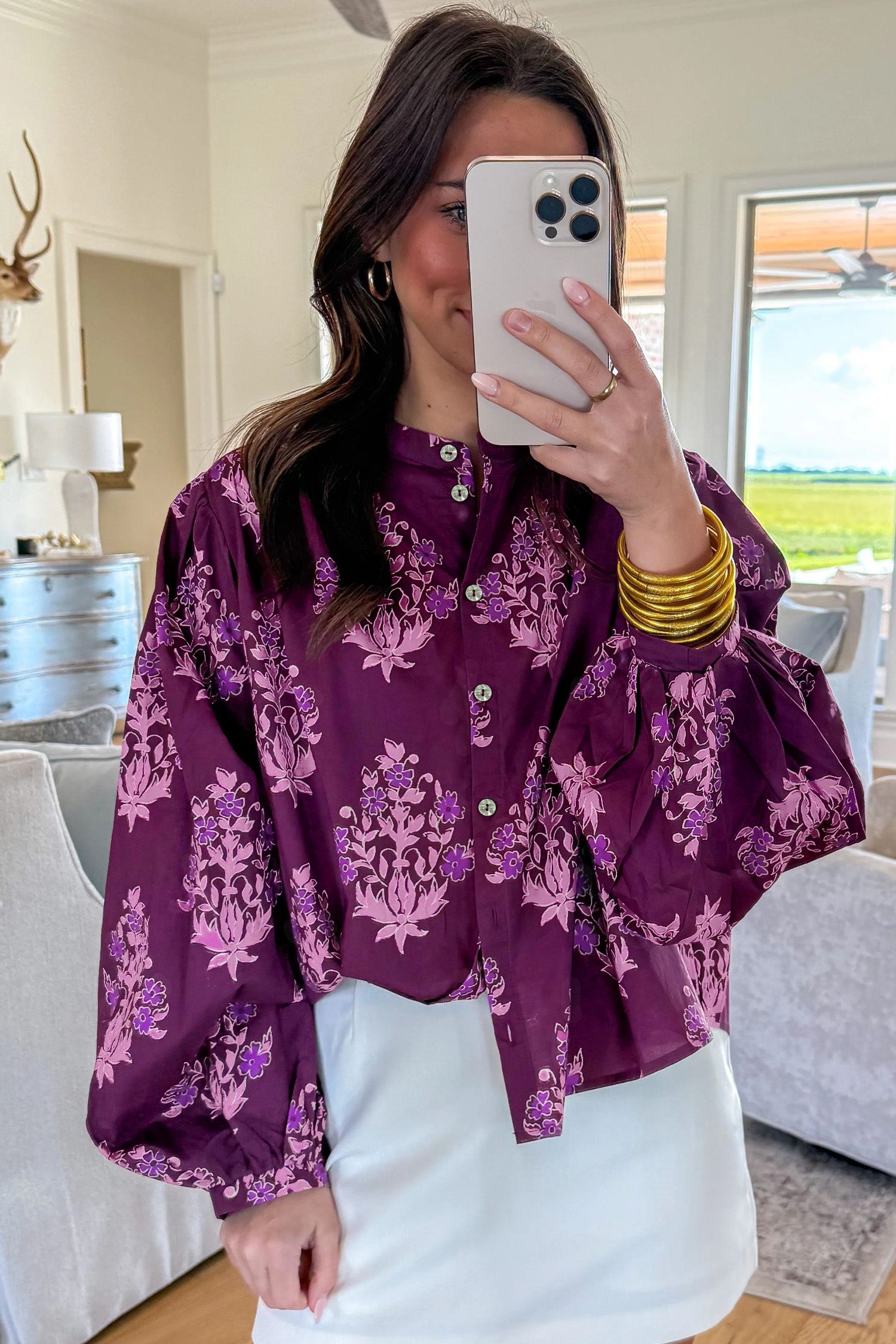 Purple Floral Print Button Front Long Sleeve Round Neck Casual Shift Top