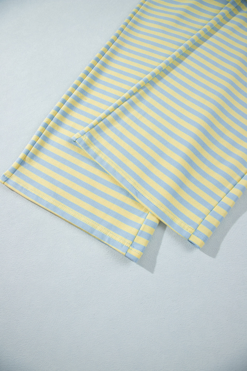 Pink Stripe Colorblock Trim Crew Neck Loose Tee Drawstring Elastic Waist 2pcs Pant Set