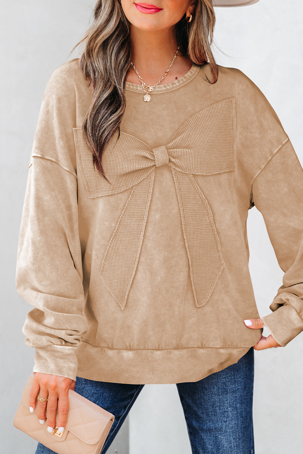 Bright Pink Mineral Wash Big Bow Patchwork Pullover Sweatshirt