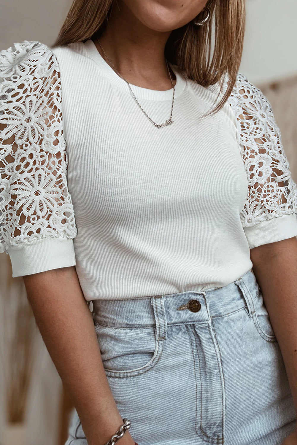 White Lace Floral Patchwork Ribbed Knit Half Sleeve T Shirt