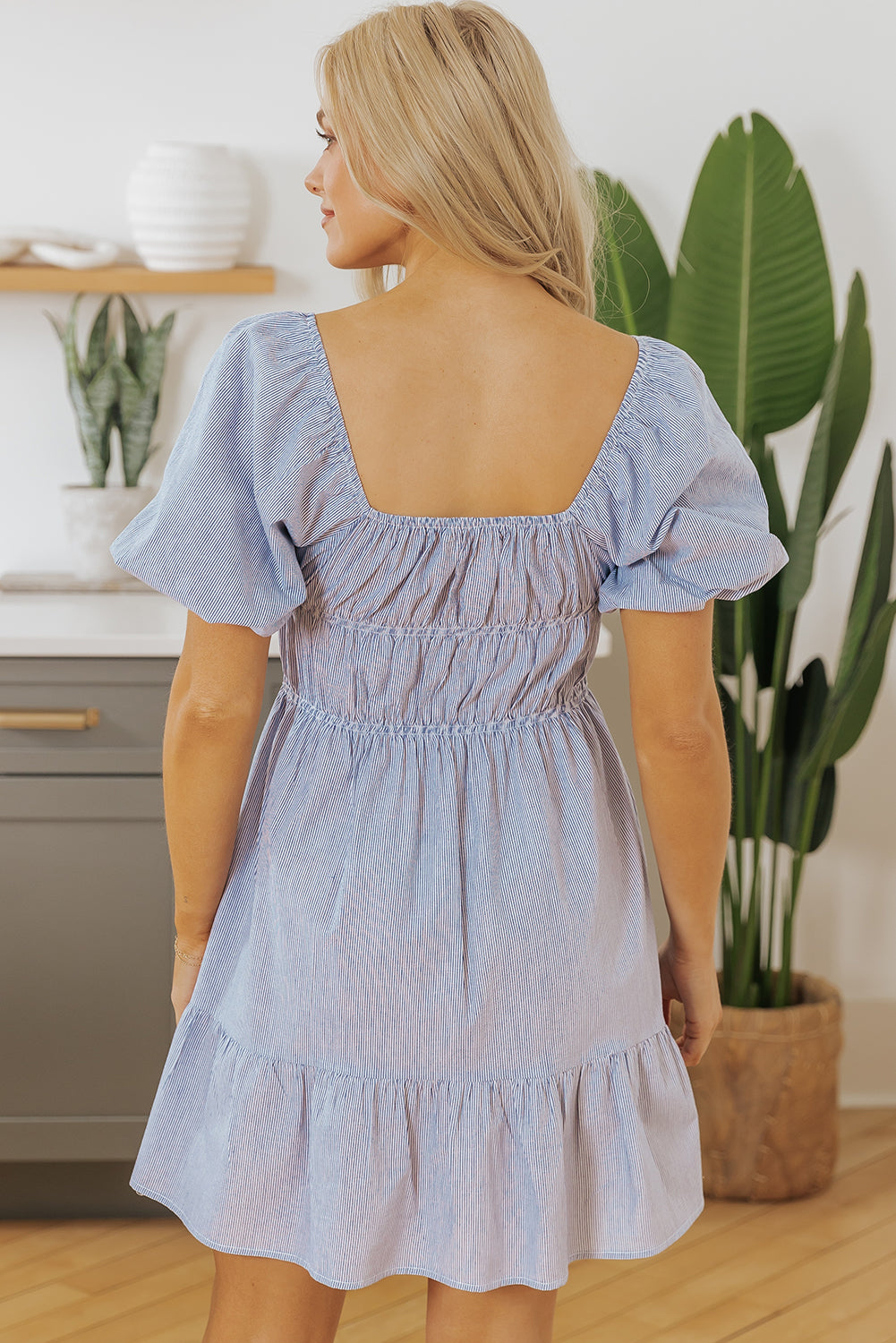 Sky Blue Stripe Bubble Sleeve Square Neck Ruched Pocketed Babydoll Dress