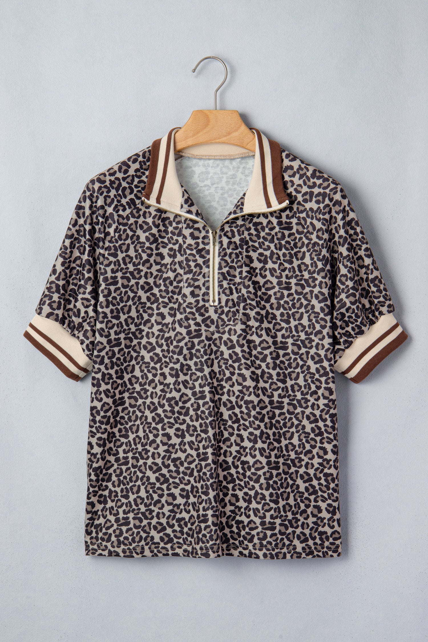 Brown Leopard Print Half Zip Striped Trim Patchwork Short Sleeve Top