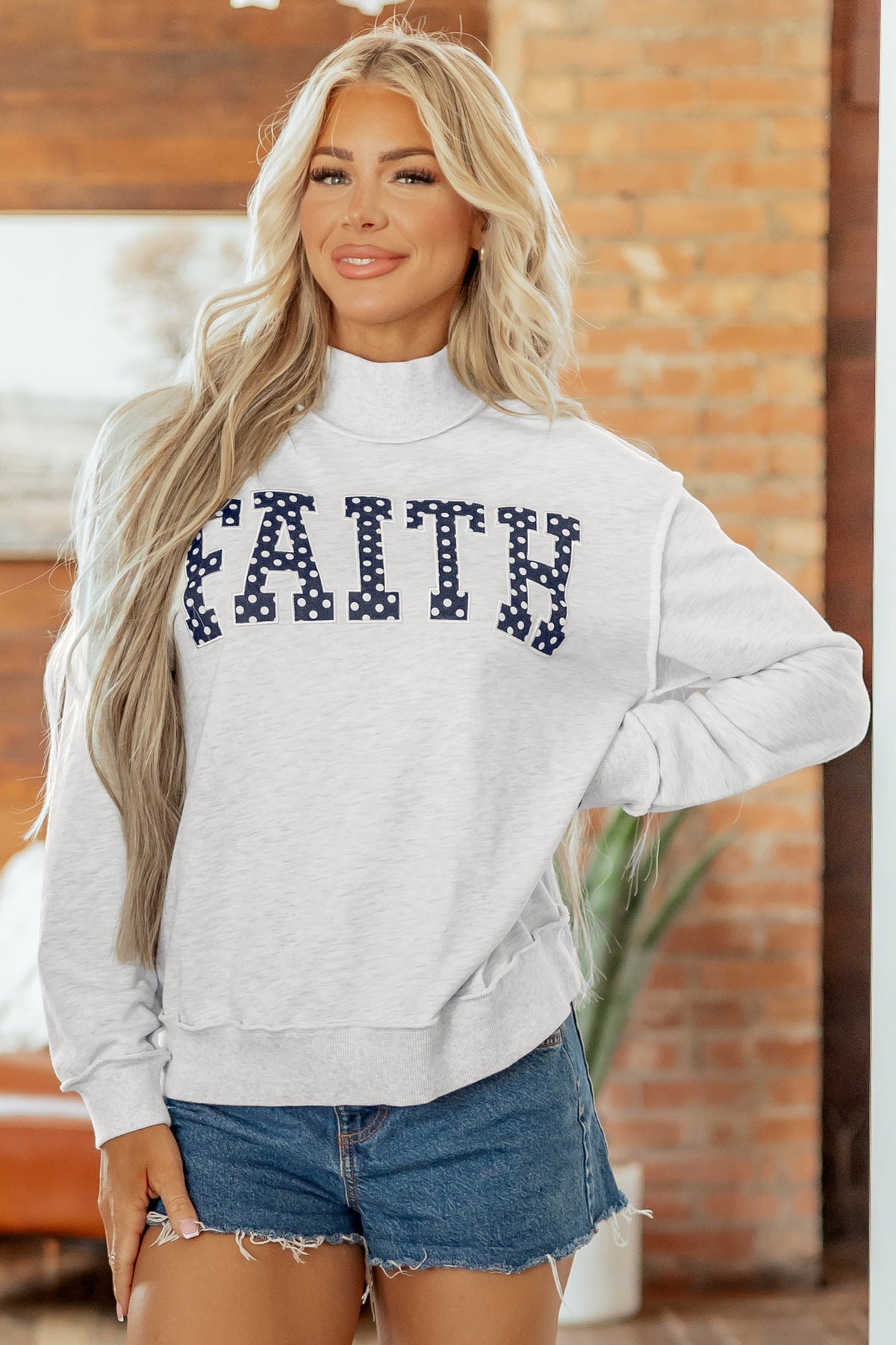 Light Grey High Neck Polka Dot Slogan Printed Baggy Sweatshirt
