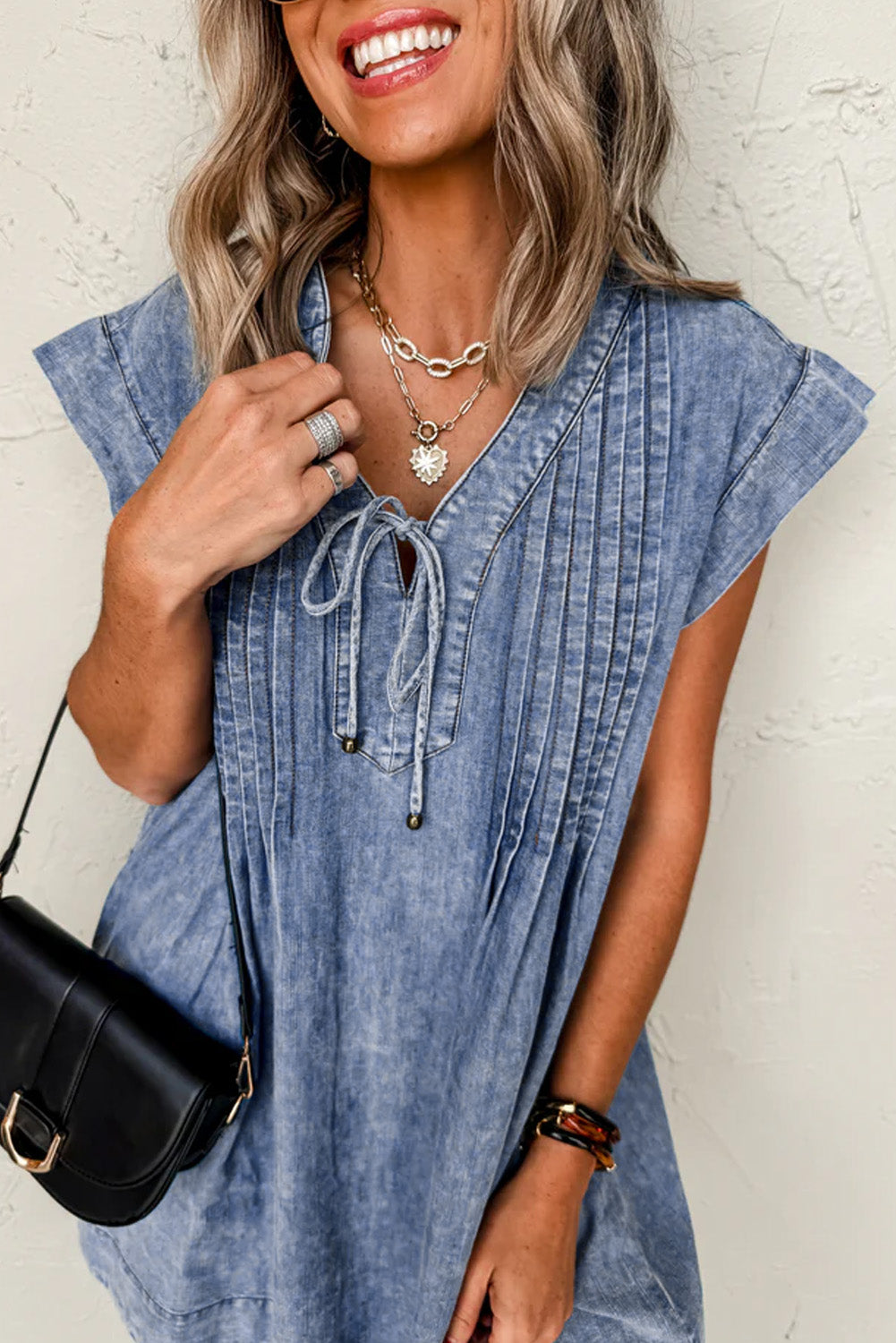 Beau Blue Tie V Neck Tucking Detail Short Sleeve Denim Shift Dress