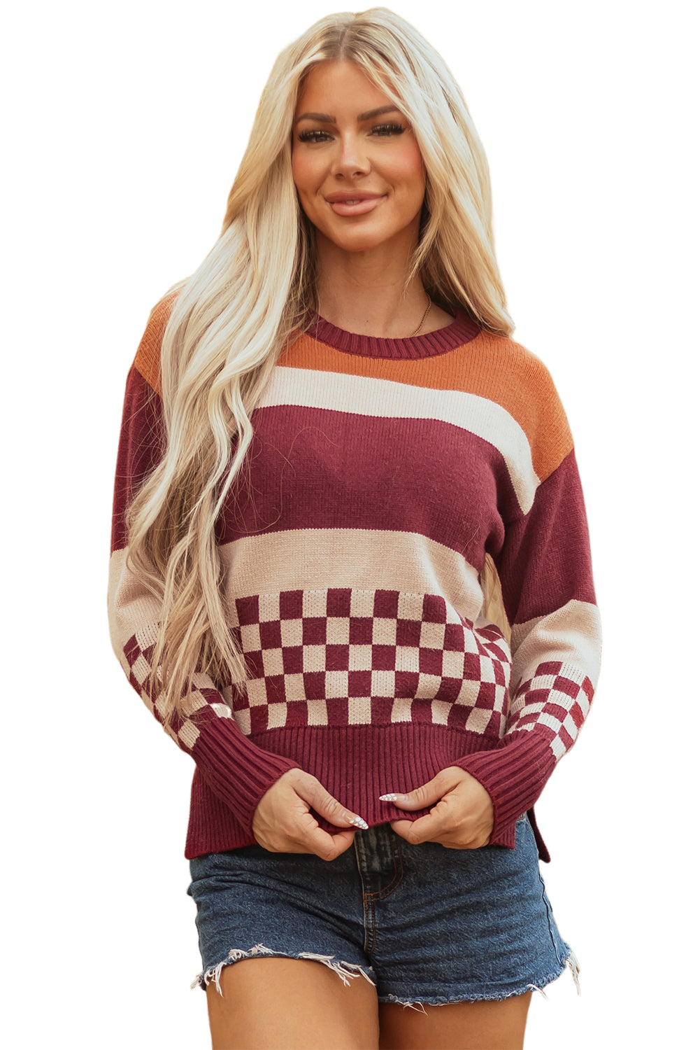 Brown Checkered Color Block Knitted Drop Shoulder Sweater