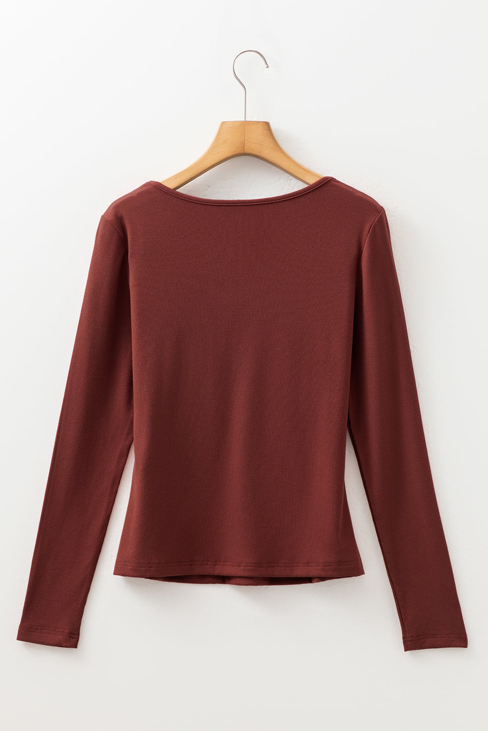 Burgundy Gathered Bust Square Neck Ribbed Fit Long Sleeve Top