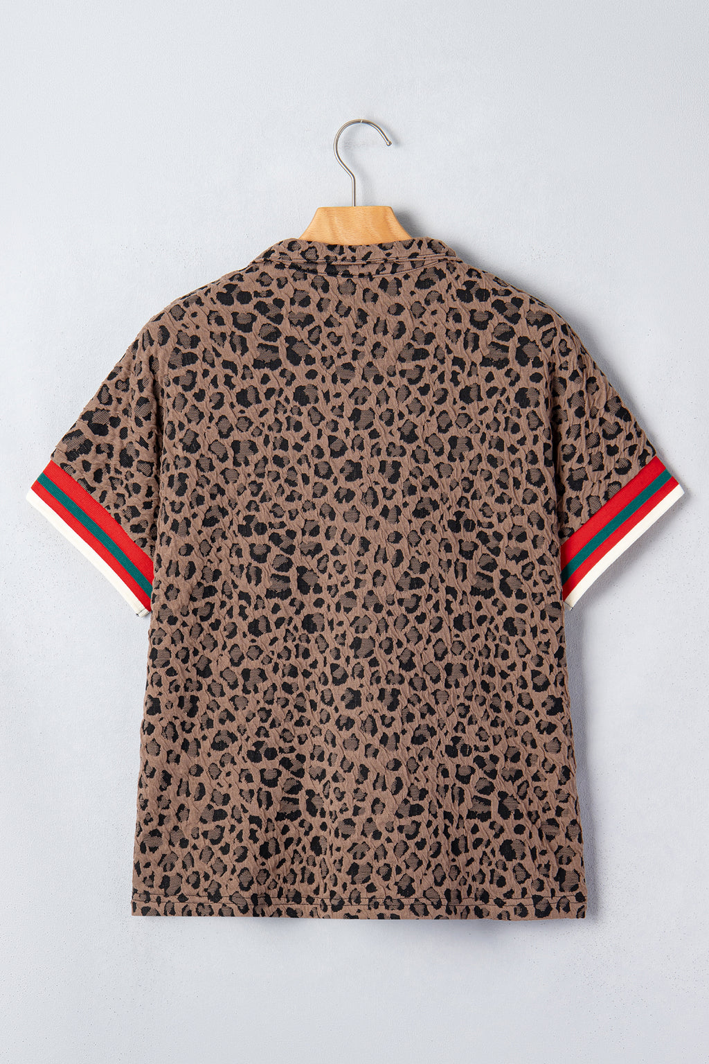 Brown Leopard Jacquard Striped Patchwork Half Zip Short Sleeve Blouse
