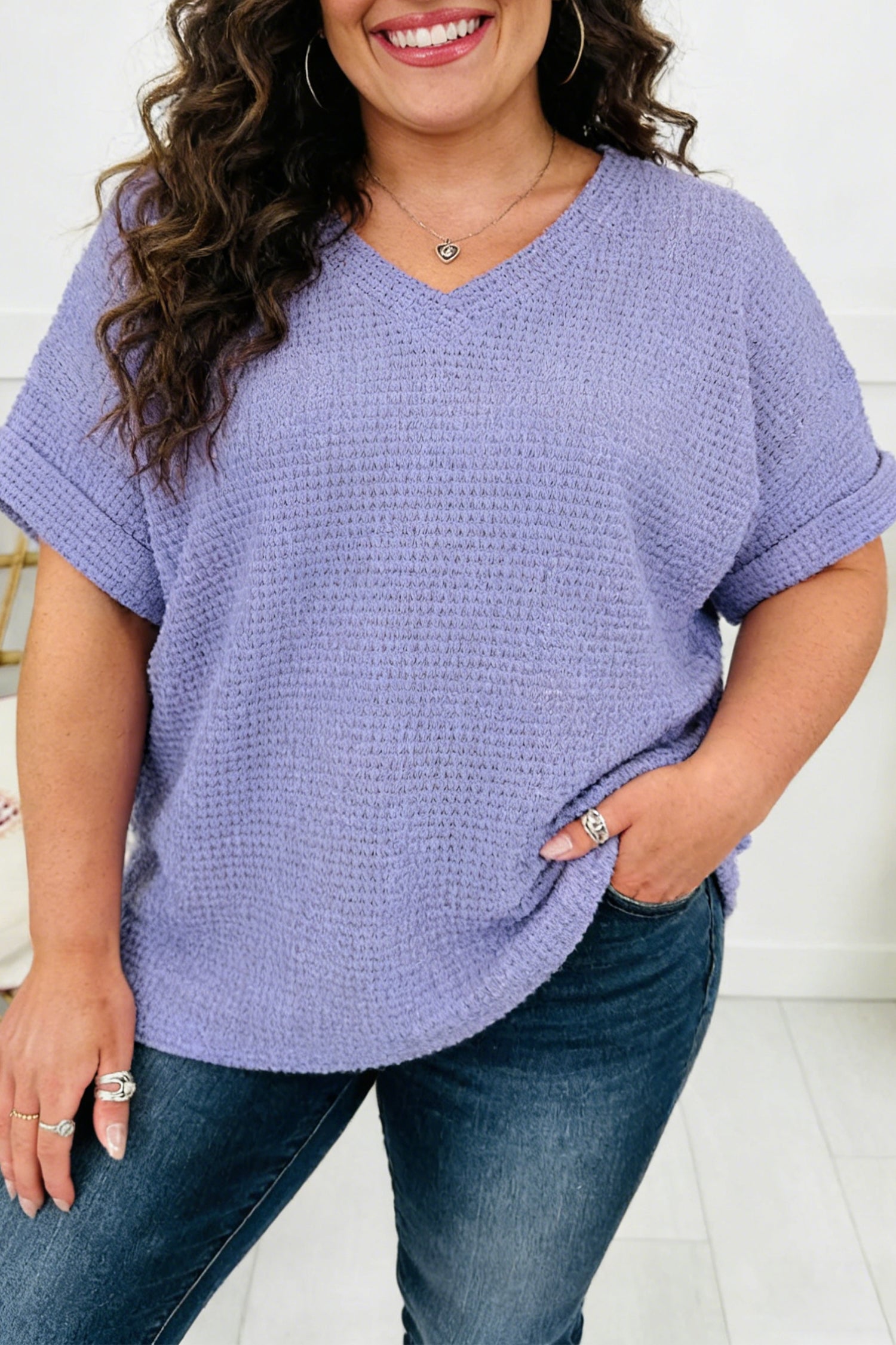 Wisteria V Neck Short Sleeve Plus Size Waffle Knit Top