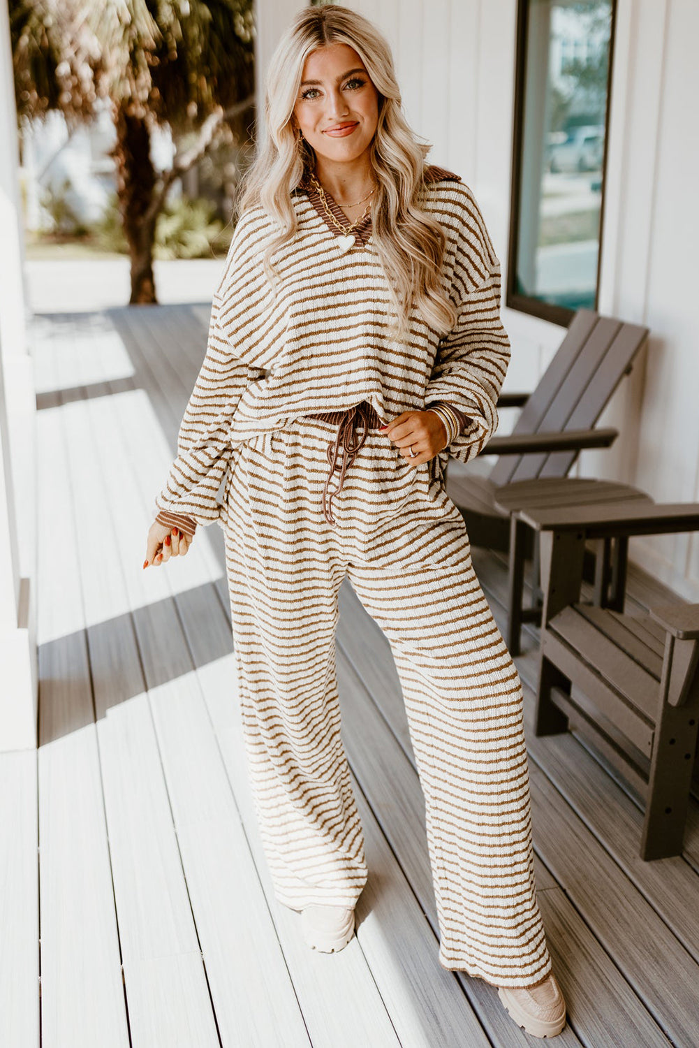 Khaki Stripe Collared Pullover Top and Drawstring Pant Set