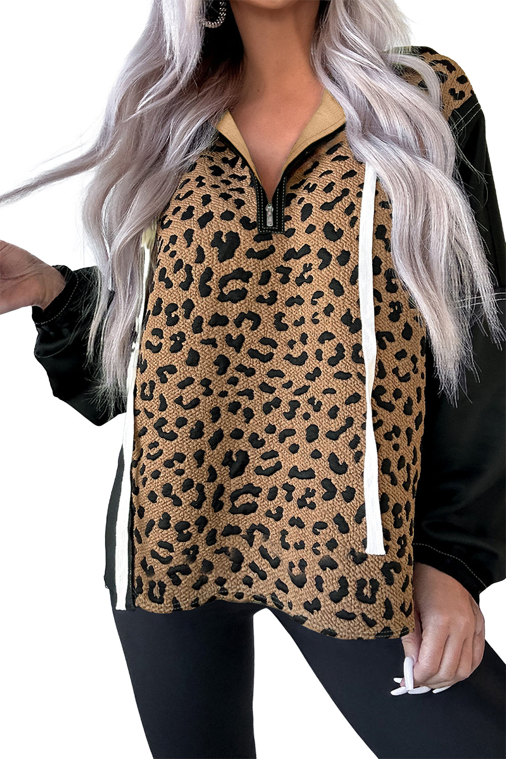 Brown Leopard Patchwork Contrast Stitching Knotted Cuff Quarter Zip Hoodie