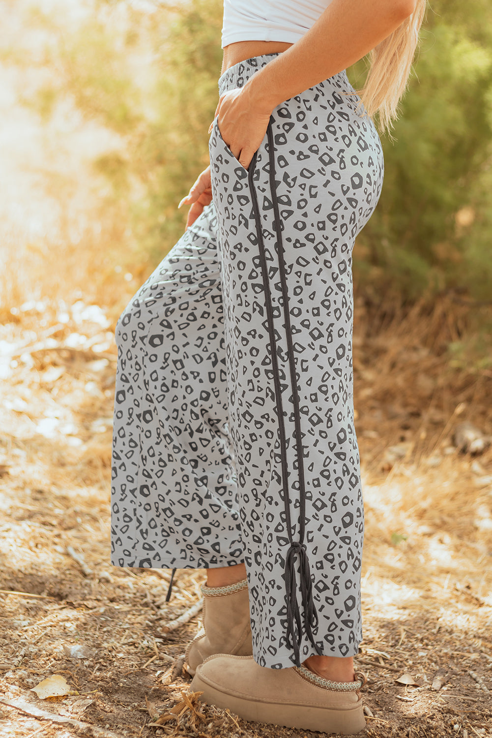 Gray Leopard Tied Leg Straight Cropped Loose Casual Pants
