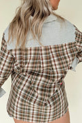 Brown Plaid Print Striped Patchwork Single Chest Pocket Buttoned Shirt