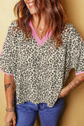 White Contrast V Neck Varsity Short Sleeve Leopard Top