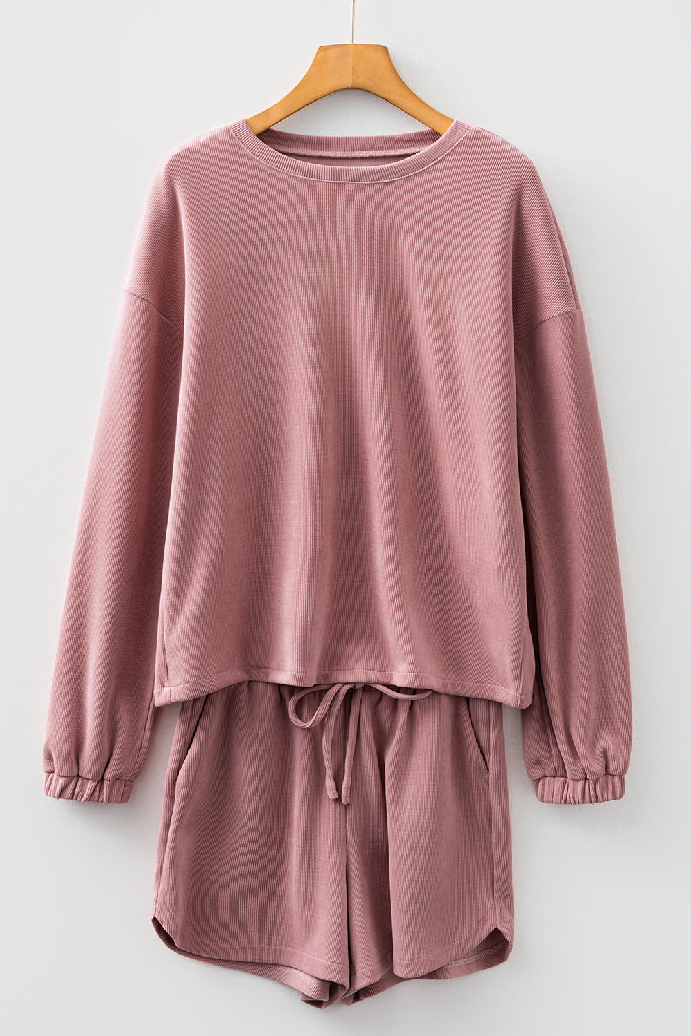 Dark Brown Solid Color Textured Knit Drop Shoulder Pullover Drawstring Shorts Set