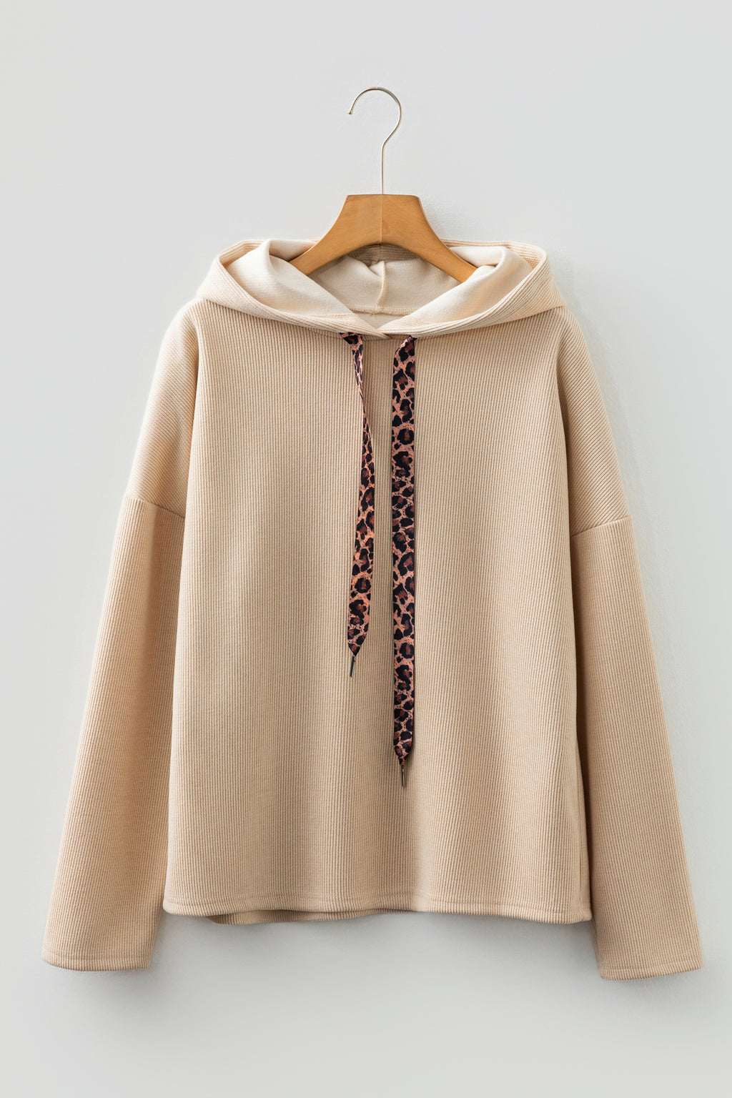 Dark Khaki Thermal Textured Leopard Drawstring Baggy Hoodie