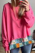 Strawberry Pink Floral Hemline Patchwork Round Neck Casual Top